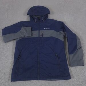 Columbia Jacket Mens M Navy Winterswept Puffer Thermal Coil Hooded Colorblock